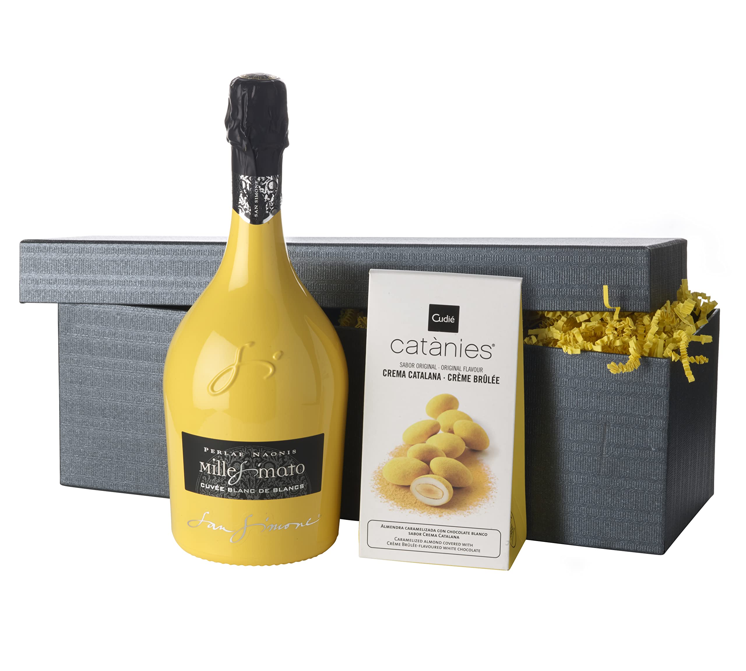 Schaumwein-Geschenkset"Yellow Dream" | 1 Flasche Schaumwein aus Italien und karamelisierte Mandeln mit weißer Schokolade und Crème Brulée Geschmack