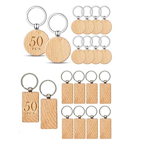 Wisboey 100 Stück Holzrohlinge Schlüsselanhänger für Heimwerker (Rund + Rechteckig)