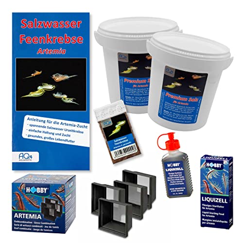 AQ4Aquaristik Artemia cf. persimilis- Zucht Set (Maxi) - mehr als 1.000.000 Eier - mit 2 kg Premiumsalz, Flüssigfutter, Artemia Siebkombination und Anleitung