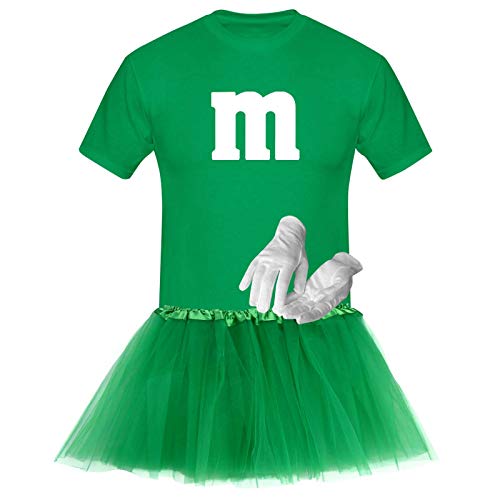 T-Shirt M&M + Tüllrock Karneval Gruppenkostüm Schokolinse 8 Farben Herren XS-5XL Fasching Verkleidung M's Fans Tanzgruppe, Gr.:5XL, Farbauswahl:grün - Logo Weiss (+Handschuhe Weiss/Tütü grün)