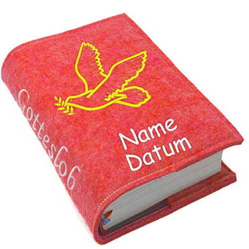 Gotteslob Gotteslobhülle Hülle Taube gold Filz mit Namen bestickt Einband Umschlag personalisierte Gesangbuchhülle, Farbe:rot meliert