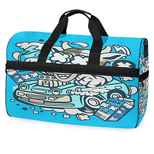 Kuh Stier Cartoon Blau Sporttasche Badetasche mit Schuhfach Reisetaschen Handtasche für Reisen Frauen Mädchen Männer