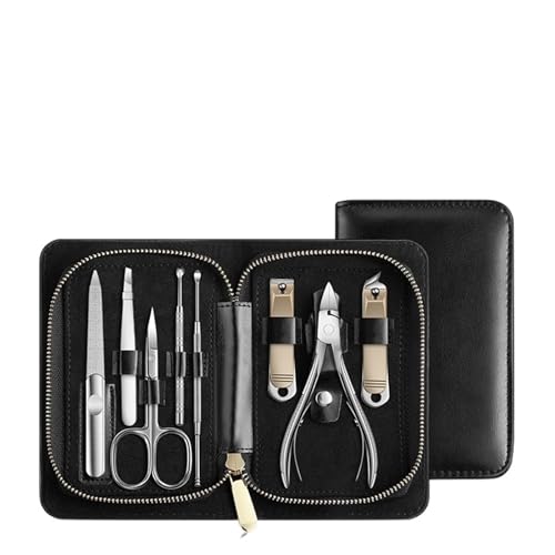 8-teiliges Nagelknipser- und Nagelverbesserungsset mit schräger, professioneller Nagelknipser-Leder-Aufbewahrungsbox aus Edelstahl (Color : Black)