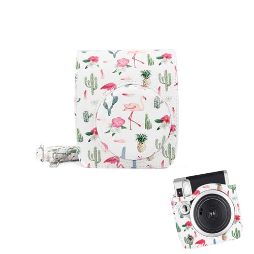 Bigking Kameratasche, schützende PU-Leder-Kameratasche mit Riemen für Instax Mini 90(Kaktusflamingo)