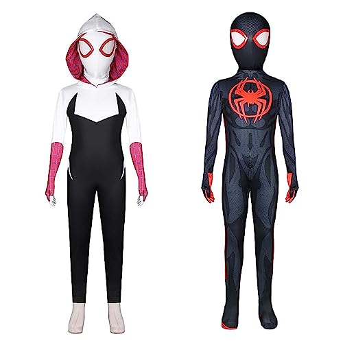 23 neue Gwen Miles Morales Kostüm Across Spider Vers Film Body Superheld Kinder Kostüm Overall 3D Spinne Cosplay Anzug mit Masken Halloween Maskerade Strumpfhosen,Gwen-Kids(130~140cm)