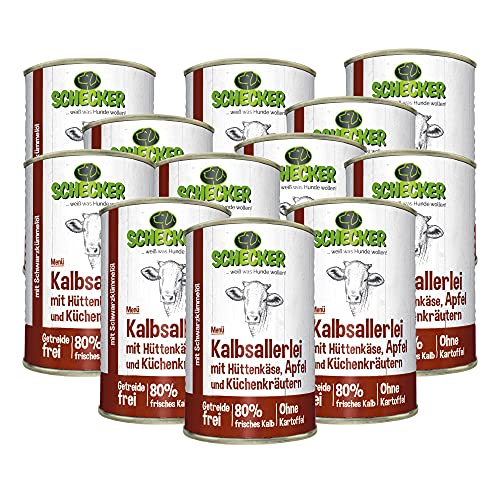 Schecker 12 x 410g Hundemenü Nassfutter mit 80% Kalb mit Hüttenkäse, Apfel und Küchenkräutern mit Schwarzkümmelöl getreidefreies Hundefutter