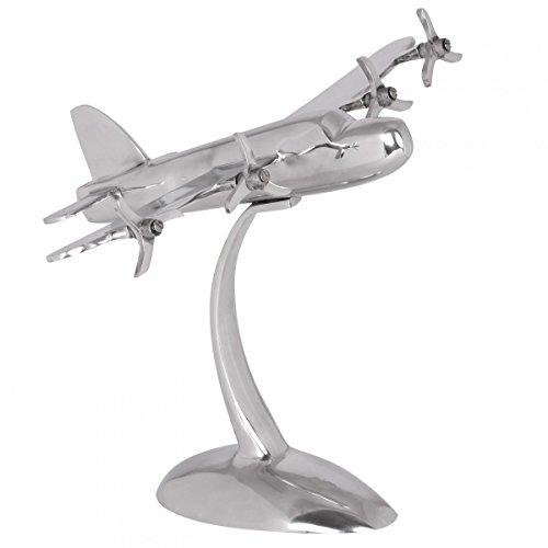 Wohnling Design Deko Propeller Flugzeug, 42 x 30 x 30 cm Silbern aus Aluminium, Alu Flieger Geschenk-Idee Tisch-Dekoration mit Standfuß