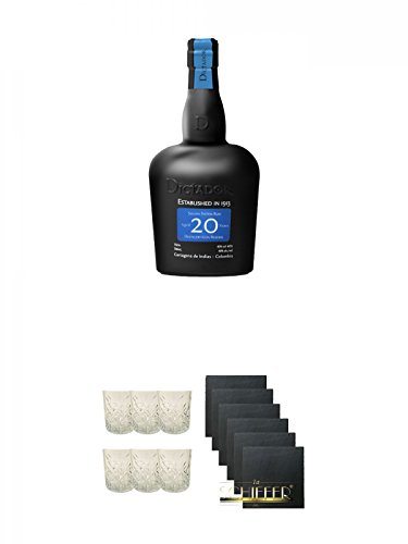 Dictador Solera System Rum 20 Jahre Kolumbien 0,7 Liter + Dictador Rum Gläser 6 Stück + Schiefer Glasuntersetzer eckig 6 x ca. 9,5 cm Durchmesser