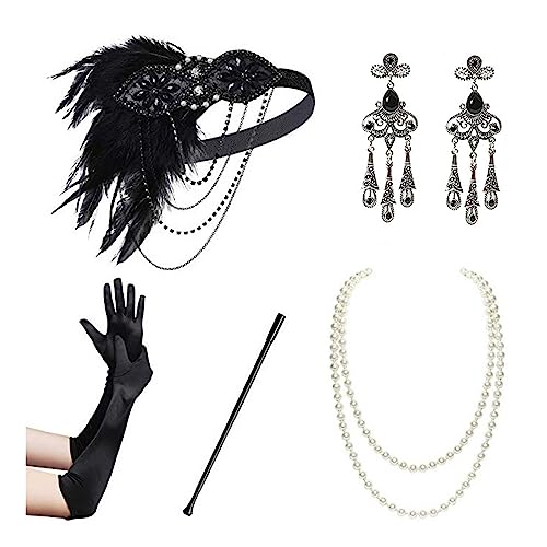 FUZYXIH 1920er Jahre Gatsby Tolles Zubehör-Set für Damen Flapper Kopfschmuck Stirnband Vintage Perlen Halskette Handschuhe Handheld Requisiten 1920er Jahre Gatsby Tolles Zubehör-Set für Damen Flapper