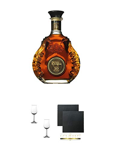 Polignac Cognac XO - ROYAL - Frankreich 1,0 Liter MAGNUM + Nosing Gläser Kelchglas Bugatti mit Eichstrich 2cl und 4cl - 2 Stück + Schiefer Glasuntersetzer eckig ca. 9,5 cm Ø 2 Stück