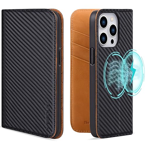 VISOUL Hülle für iPhone 15 Pro, Schutzhülle [Carbon+Nappa Leder] [Schützt vor Stoß] [Kartenfach] [Magnetverschluss] [Stand] Klapphüllen handyhülle Handytasche Etui Case für iPhone 15 Pro Gelb