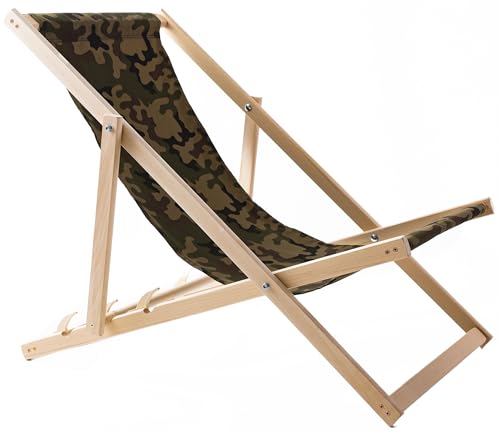 WOODOK Liegestuhl Klappbar - Gartenliege Klappbar bis 120kg, Sonnenliege aus Buchenholz ohne Armlehne - 3-Stufige Rückenlehnenverstellung (Camo)