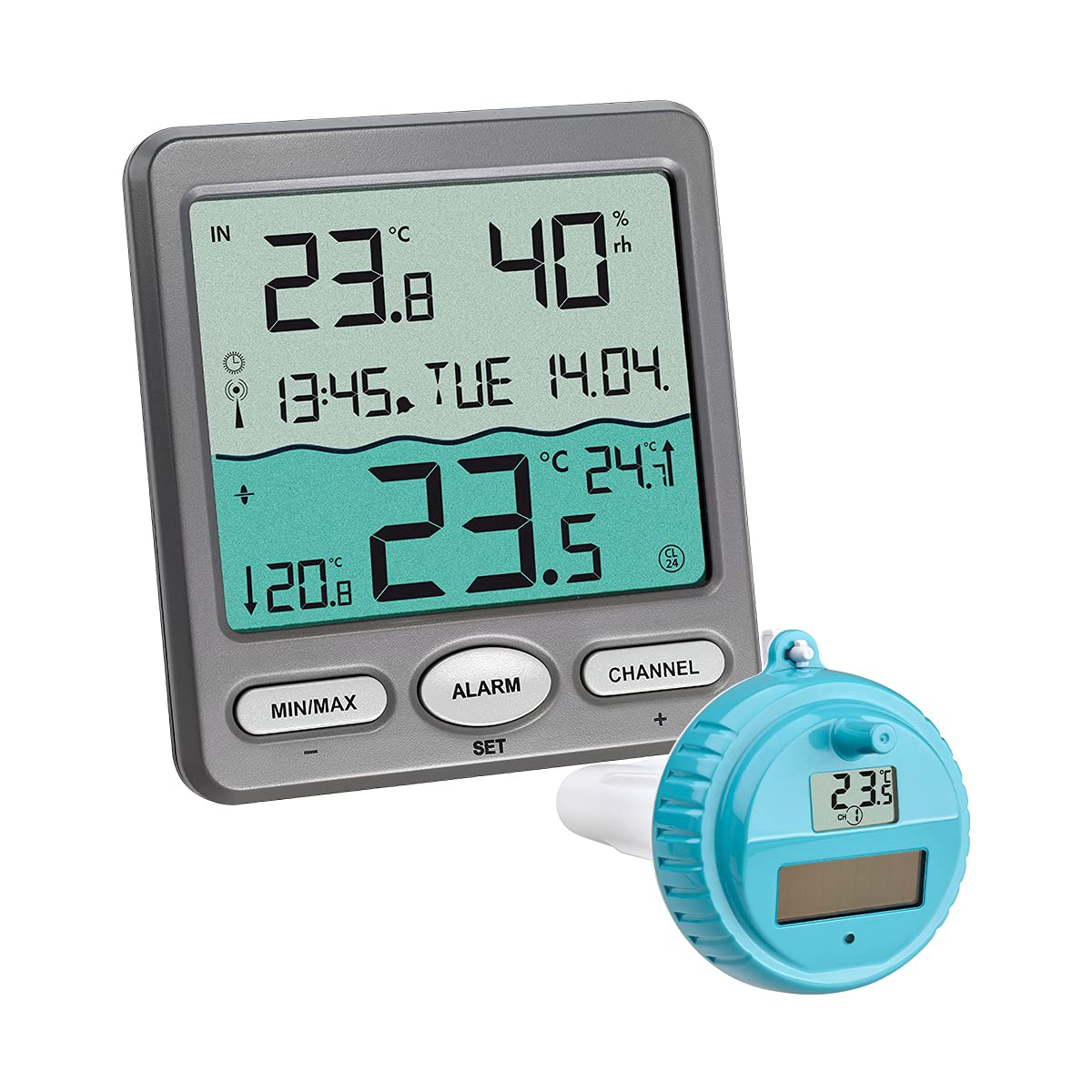 TFA Dostmann Venice Poolthermometer, 30.3056.10, zur Überwachung der Wassertemperatur in Pool, Teich oder Whirlpool Digitales Funk-Poolthermometer, Grau, L 116 x B 24 (65) x H 126 mm