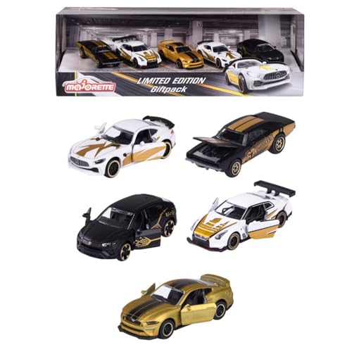 Majorette - Limited Edition 9 Geschenk-Set - 5 kleine Modellautos in Gold-Optik, für Kinder ab 3 Jahren, Spielzeugautos mit Freilauf und Federung, mit 2 exklusiven Auto-Modellen