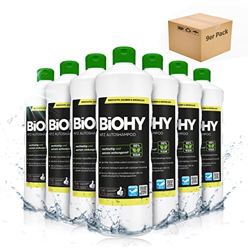 BiOHY KFZ Autoshampoo (9 x 1 Liter) | Bio Autoreiniger schützt Lack vor Schmutz von Außen | biologisch abbaubares Reinigungsmittel | für Hochdruckreiniger geeignet | kraftvolles Konzentrat