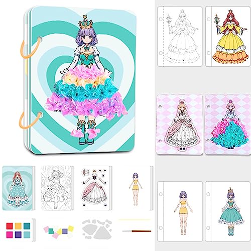 LACOXA Childhood Infinite Dream Hand-Painted - Princess Dress-Up Stickers Book, 6 In 1 DIY Pocket Watercolor Painting Book Set, Cute Anime Girl Sticker Book Kids Painting Kit (Emerald Princess)