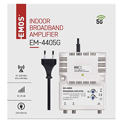 EMOS Breitband-Verstärker 25 dB (Frequenzbereich 47–230 MHz, 470–698 MHz) für Sat, DVB-T2, Kabelfernsehen oder Antennen, 1 Eingang, 2 Ausgänge
