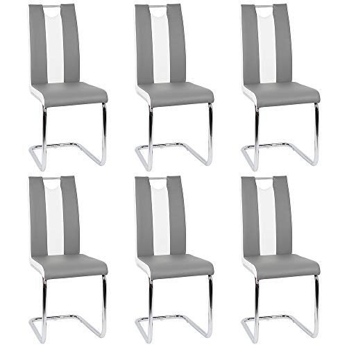 YIFAA Set Esszimmerstühle oder Küche Alba mit gepolsterter Sitzfläche und verchromtem Fußgestell (Grau + Weiß, 6)