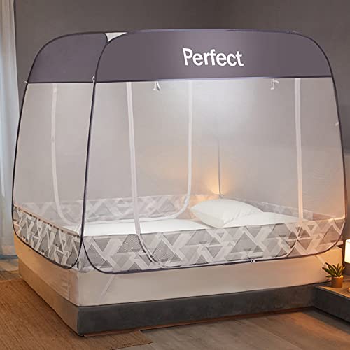 Portable Faltbare Moskitonetz Zelt Bed Canopy Pop Up DREI Türen Insektenschutz Fliegengitter Feinmaschig Für Reise Und Zuhause Mit Tasche (Gray,150 * 200 * 170cm)