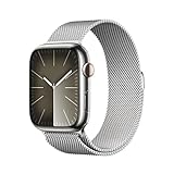 Apple Watch Series 9 (GPS + Cellular, 45 mm) Smartwatch mit Edelstahlgehäuse und Milanaise Armband in Silber. Fitnesstracker, Blutsauerstoff und EKG Apps, Always-On Retina Display, Wasserschutz