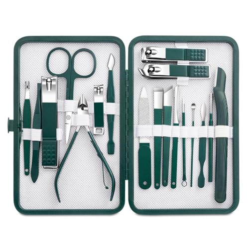 Nagelknipser-Set aus Edelstahl, Pflegewerkzeug-Set mit tragbarem Koffer, Maniküre-Kunstwerkzeug, grüne Nägel schneiden, 18-teilig