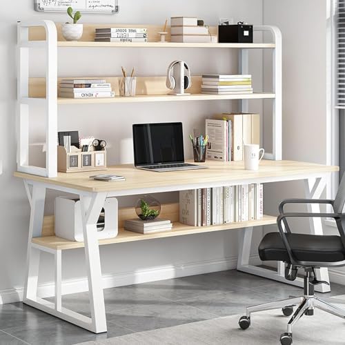 Computertisch mit Ablagefächern und Bücherregal – Stabiler Schreibarbeitsplatz mit Metallrahmen für Zuhause und Büro – Moderner, einfacher Schreibtisch