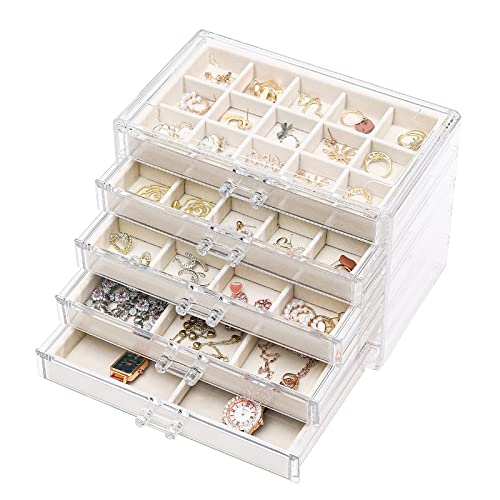 Cq acrylic Schmuck-Organizer mit 5 Schubladen, Ohrring-Aufbewahrungsbox, Schmuckbox, Organizer, Aufbewahrungsfach, transparente Aufbewahrungsbox für Ohrringe, Halsketten, Ring, Armband, Beige