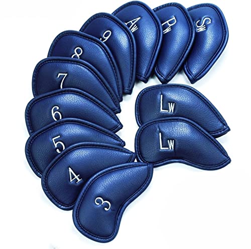 FINGER TEN Golf Headcover Schlägerhaube Eisen Eisenkopfhüllen Kunstleder Iron Head Covers Value Set of 12 Rot Blau Schwarz Für Herren Damen (BLAU)