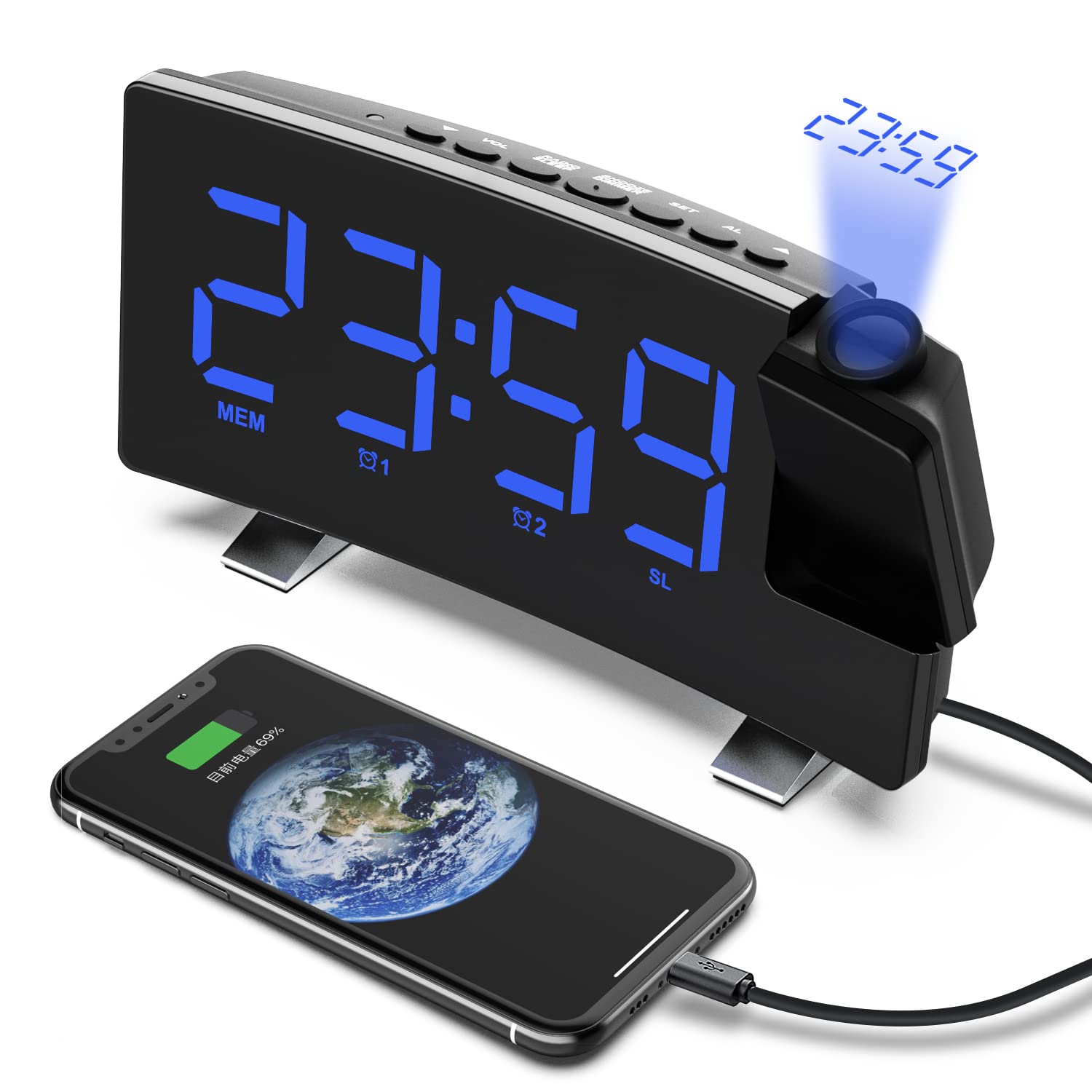 VORRINC Projektionswecker, Digital Wecker Radiowecker mit Projektion 180 °, USB-Anschluss Doppelalarme Snooze 12 / 24H, 3 Projektionshelligkeit mit Automatischem Dimmer, für Schlafzimmer Decke (Blau)