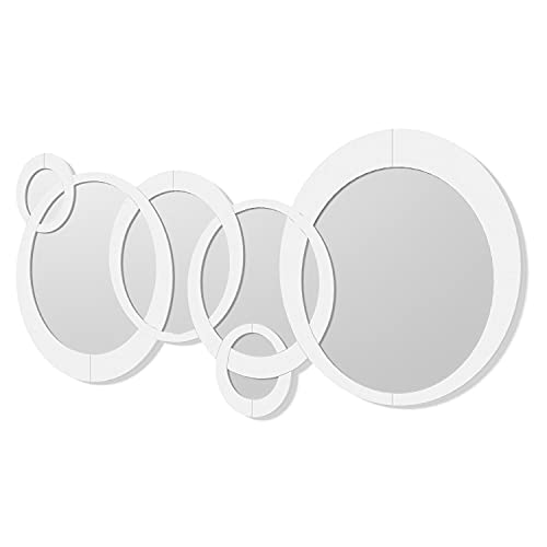 DekoArte E007 - Dekorativer, moderner Wandspiegel | Dekorationsspiegel für Salon, Schlafzimmer, Eingang, Garderobe | Elegante, groβe, kreisförmige Spiegelelemente, weiβ | 1 Teil 140 x 70 cm