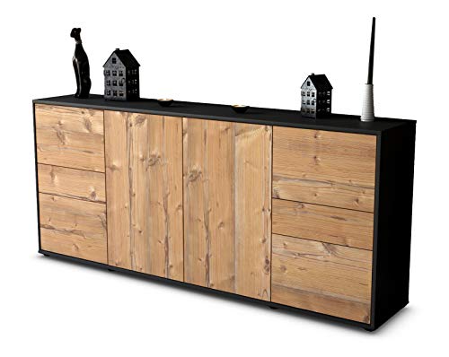Stil.Zeit Sideboard Gemma - Korpus anthrazit matt - Front Holz-Design Pinie (180x79x35cm) Push-to-Open Technik & Leichtlaufschienen