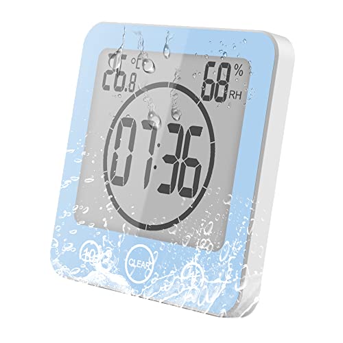 VORRINC Uhr Badezimmer, Bad Uhr Wasserdicht Berührungssteuerung ℃ / ℉ Luftfeuchtigkeit Temperatur LCD Display, Badezimmeruhr mit saugnapf, Countdown Timer, für Dusche Küche (Blau)