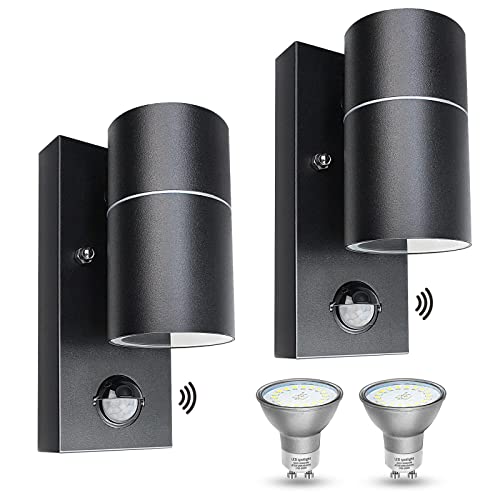 2er LED Außenleuchte mit Bewegungsmelder IP44 wasserdicht Modern Wandlampe aussen innen wandleuchte Schwarz inkl.5W GU10 LED Warmweiß 230V