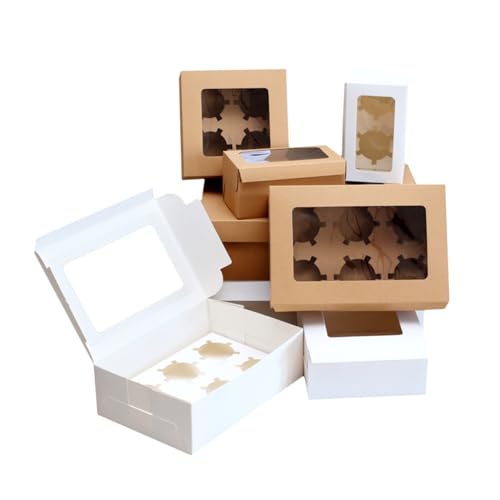 Kuchen Transportbox Pappe 10 Teile/Satz Tragbare Transparente Fenster Cupcake Box Kuchen Keks Cookie Paket Boxen Gebäck Verpackung Dessert Container Geschenk Box (Color : Brown-2 Holes, Size : As sh