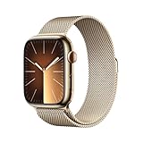 Apple Watch Series 9 (GPS + Cellular, 45 mm) Smartwatch mit Edelstahlgehäuse und Milanaise Armband in Gold. Fitnesstracker, Blutsauerstoff und EKG Apps, Always-On Retina Display, Wasserschutz
