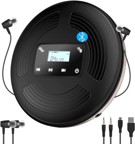 CCHKFEI Wiederaufladbarer tragbarer CD-Player Bluetooth Mit Kopfhörern,stoßfest persönlicher kompakter Walkman CD Player mit Bluetooth und FM-Transmitter für Zuhause Reisen und Auto