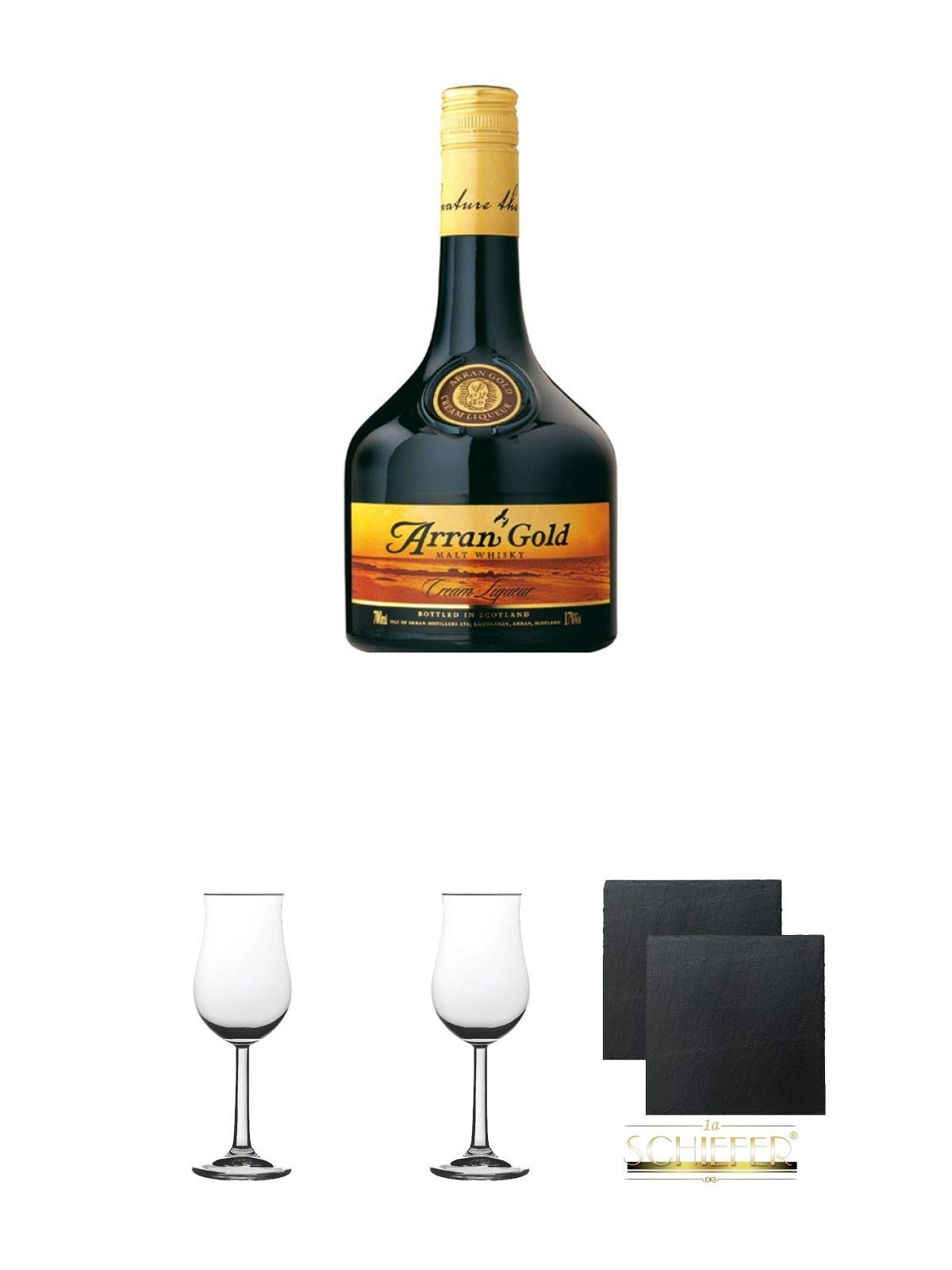 Arran Gold Cream Whiskylikör 0,7 Liter + Nosing Gläser Kelchglas Bugatti mit Eichstrich 2cl und 4cl 1 Stück + Nosing Gläser Kelchglas Bugatti mit Eichstrich 2cl und 4cl 1 Stück + Schiefer Glasuntersetzer eckig ca. 9,5 cm Ø 2 Stück