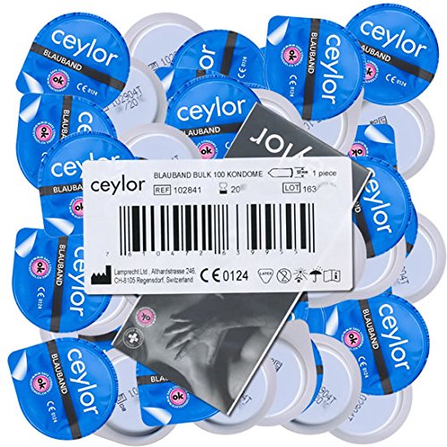 Ceylor Blauband 100 Kondome mit Gleitcreme, Großpackung, verpackt im hygienischen "Dösli", einfach zu öffnen, schnelleres Überziehen, Premium-Qualität aus der Schweiz