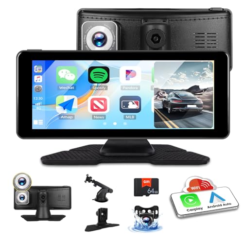 CarPlay tragbares Autoradio mit Android Auto, Touchscreen, 6,86 Zoll, 360 Grad drehbar, unterstützt die Aufnahme von Vorder- und Rückkameras und Mirror Link Bluetooth FM AUX + Rückfahrkamera & 64G TF