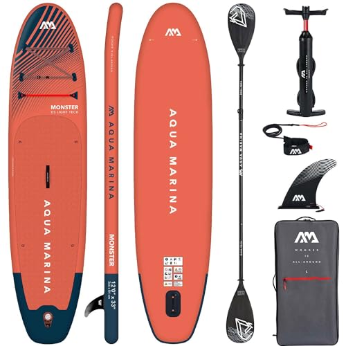 CampSup SUP Aqua Marina Monster + DUAL-TECH Paddle SCHWARZ 366x84x15cm Aufblasbares Stand Up Paddle Board Surfboard für Einsteiger & Fortgeschrittene mit zubehör