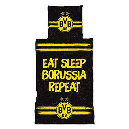 Borussia Dortmund BVB-Bettwäsche Eat. Sleep. Borussia. Repeat, Kissen: 80 x 80cm, Bettdecke 135 x 200cm