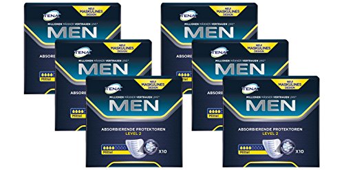 Tena Men Level 2 Hygiene-Einlagen für Männer mit leichter bis mittlerer Blasenschwäche/Inkontinenz - sicher, diskret und geruchsneutralisierend 6er Pack (6 x 10 Stück)