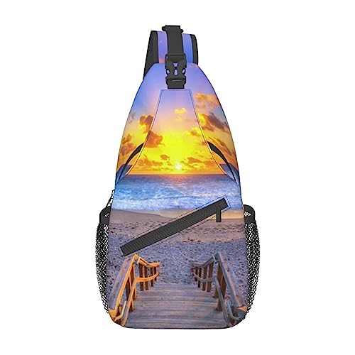 Schulter-Rucksack mit Sonnenuntergang und Strand-Aufdruck, leicht, faltbar, wasserabweisend, für den täglichen Gebrauch, Schwarz , Einheitsgröße
