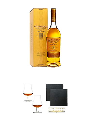 Glenmorangie 10 Jahre The Original Single Malt Whisky 0,7 Liter + Stölzle Nosingglas für Whisky 2 Gläser - 1610031 + Schiefer Glasuntersetzer eckig ca. 9,5 cm Ø 2 Stück