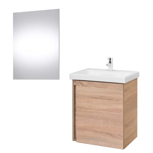 Planetmöbel Waschtischunterschrank mit Spiegel 50cm Badmöbel Set für Badezimmer Gäste WC (Sonoma Eiche)