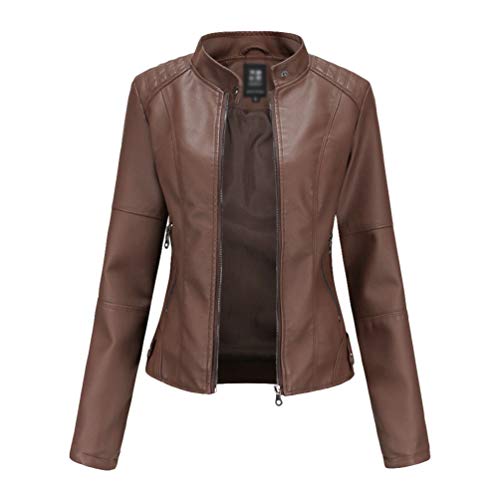 Kaiyei Damen Slim PU Lederjacken Dünne Stehkragen Frühjahr Herbst Langarm Elegant Lederimitat Kurz Jacke Bikerjacken Reißverschluss Braun M