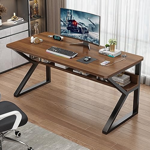 Computertisch mit Ablageflächen, moderner, einfacher Arbeitsschreibtisch, Arbeitsstation mit Metallbeinen, effizienter Home-Office-Schreibtisch