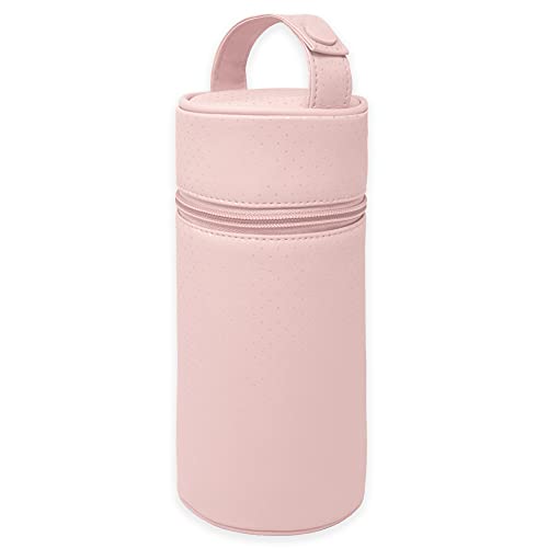 Duffi Baby Thermo-Flaschenhalter aus Kunstleder, warm, kalt, isothermische Tasche für Fläschchen oder Thermosflasche, mit Reißverschluss und Griff, einfache Reinigung, Rosa Kreise 0832-06