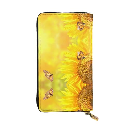 Stilvolle und personalisierte Leder-Geldbörse, lange Clutch, fliegende Taube, einfach zu tragen., Sonnenblume Schmetterling Sonne, Einheitsgröße