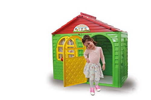 Jamara 460500 Spielhaus Little Home grün - aus robustem Kunststoff, Montage, stabiles Stecksystem, leicht zu reinigen, Indoor-Outdoor geeignet, Türe/Fenster Lassen Sich öffnen, Vorhänge